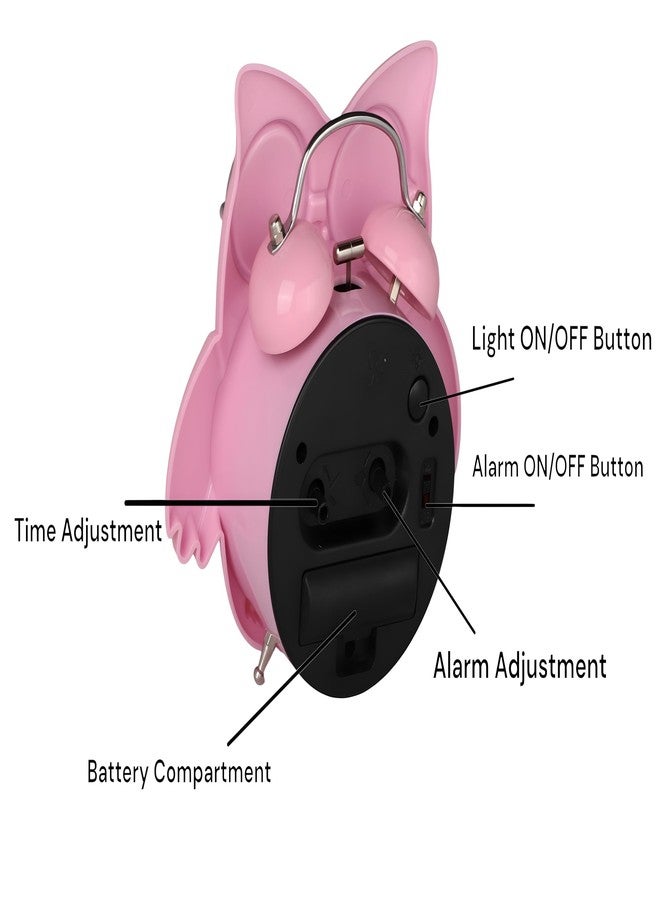De'rons Twin Bell Analog Table Alarm Clock with Backlight for Heavy Sleepers Loud Alarm Clock for Students Funny Cute Owl Cartoon Shape Alarm Clock for Kids Girls Boys Bedroom 14.5 x 15 cm (Pink) - Image 3